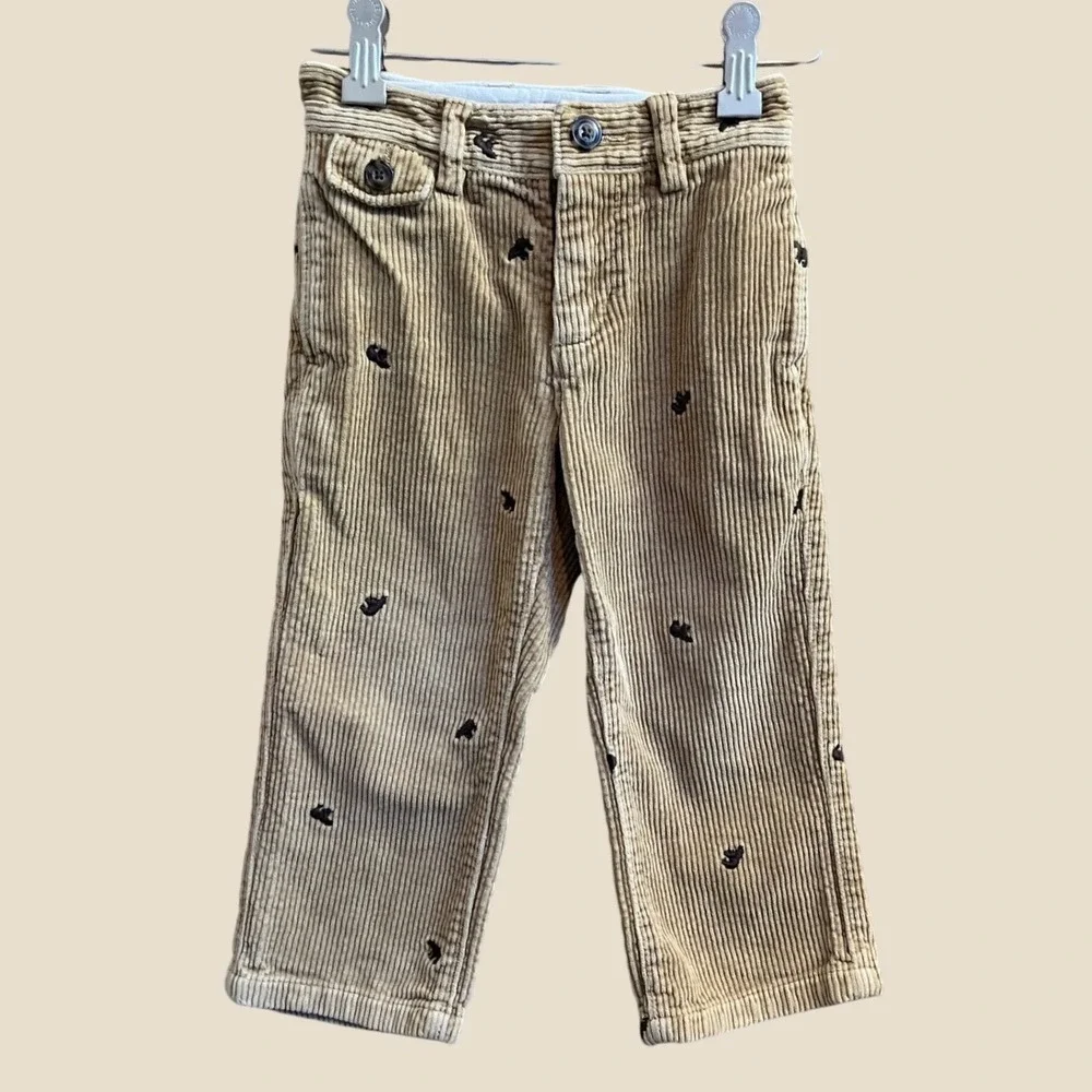 Gap Corduroy Pants Toddler 3Y Tan Embroidered Bear Straight Leg Trousers